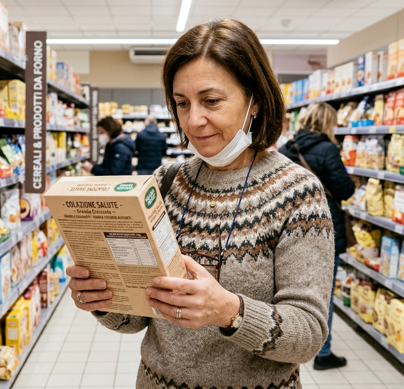 Persona che legge l'etichetta nutrizionale di un prodotto alimentare